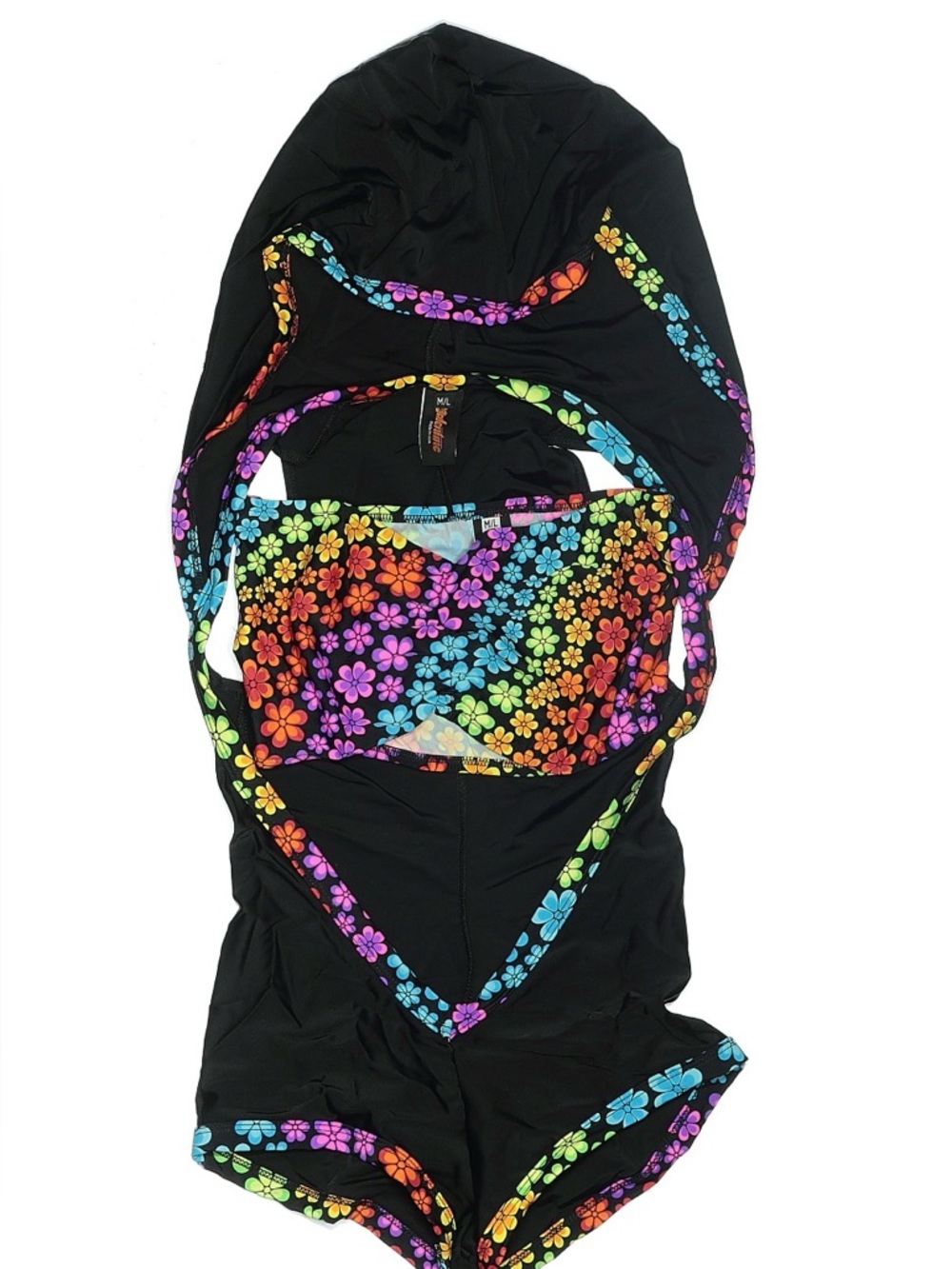 Women's Black Floral Trim Jumpsuit with Rainbow Flowers